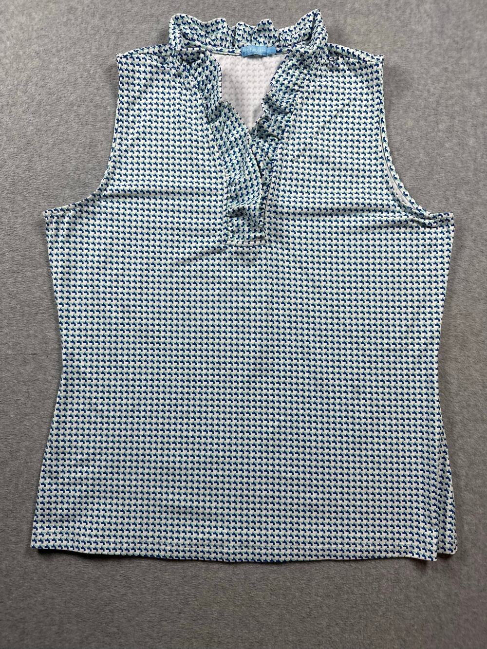 J. McLaughlin Blouse Top Women's Large Blue Geometric Sleeveless Ruffle Neck